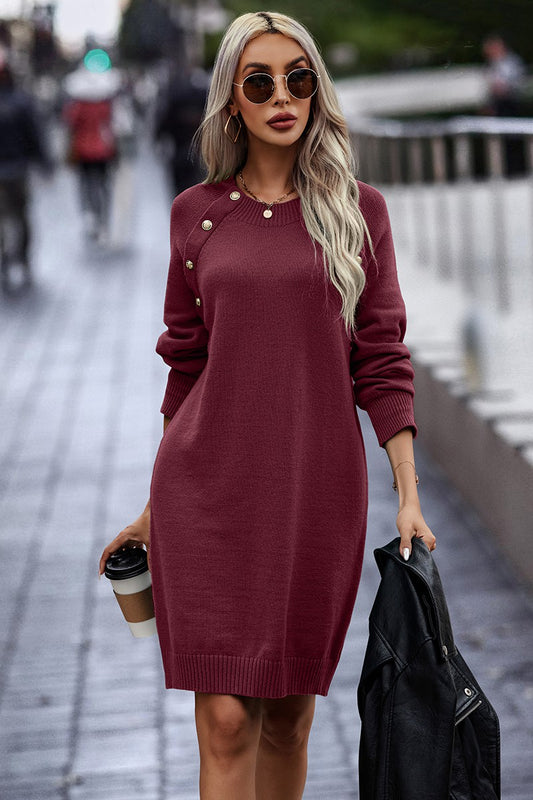Buttoned Bliss Round Neck Sweater Dress